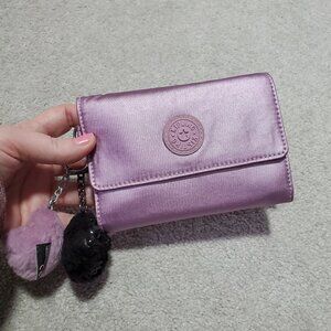 KIPLING Pixi Medium Metallic Tri-Fold Wallet Monkey Keychains Purple 5.5" x 4"